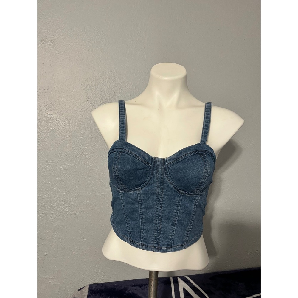 No Boundaries Denim Corset Crop Top Medium Wash Smocked Back XS 1 Sweetheart